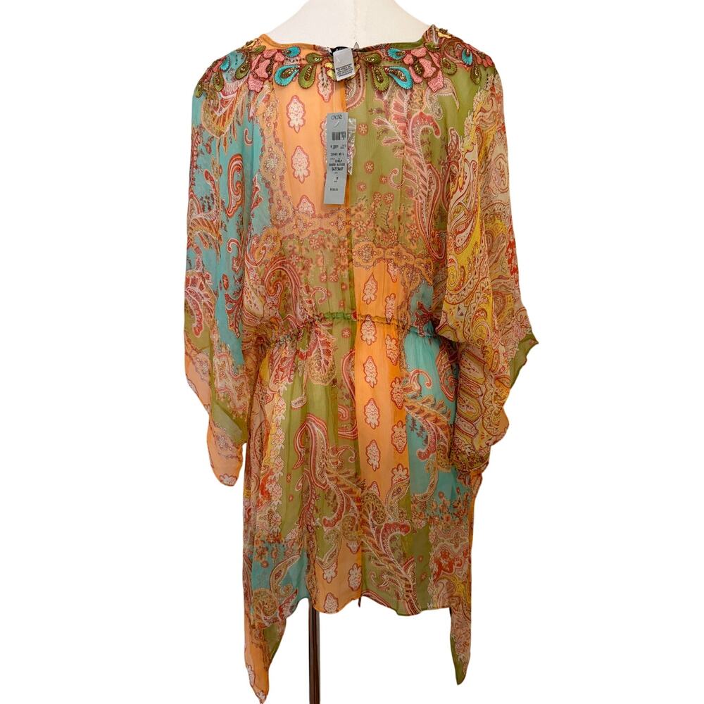 Cache NWT Silk Beaded Paisley & Block Pattern Sheer Coverup Drawstring - Medium - Picture 2 of 4